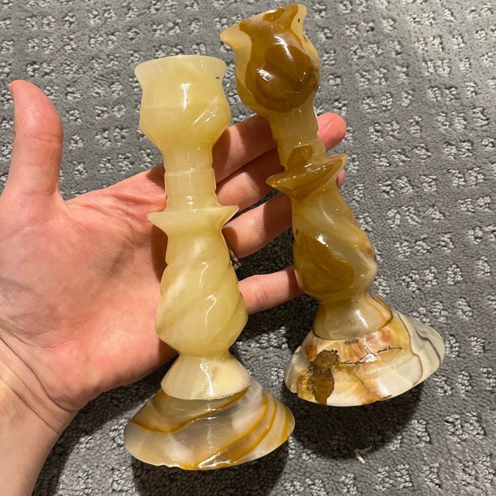 Vintage Pair of 2 Agate Marble Hand Carved Candlesticks